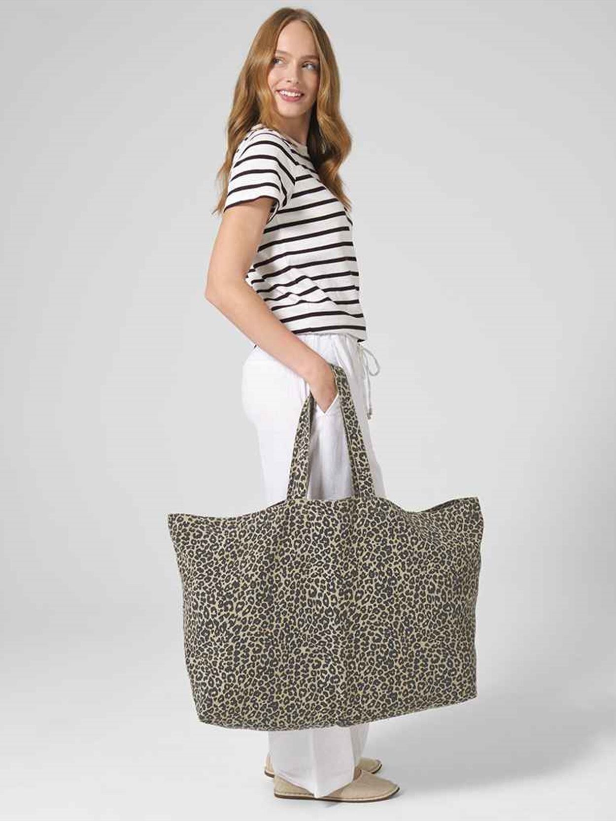 W336 Westford Mill Leopard Print Canvas Oversized Tote Bag image 1